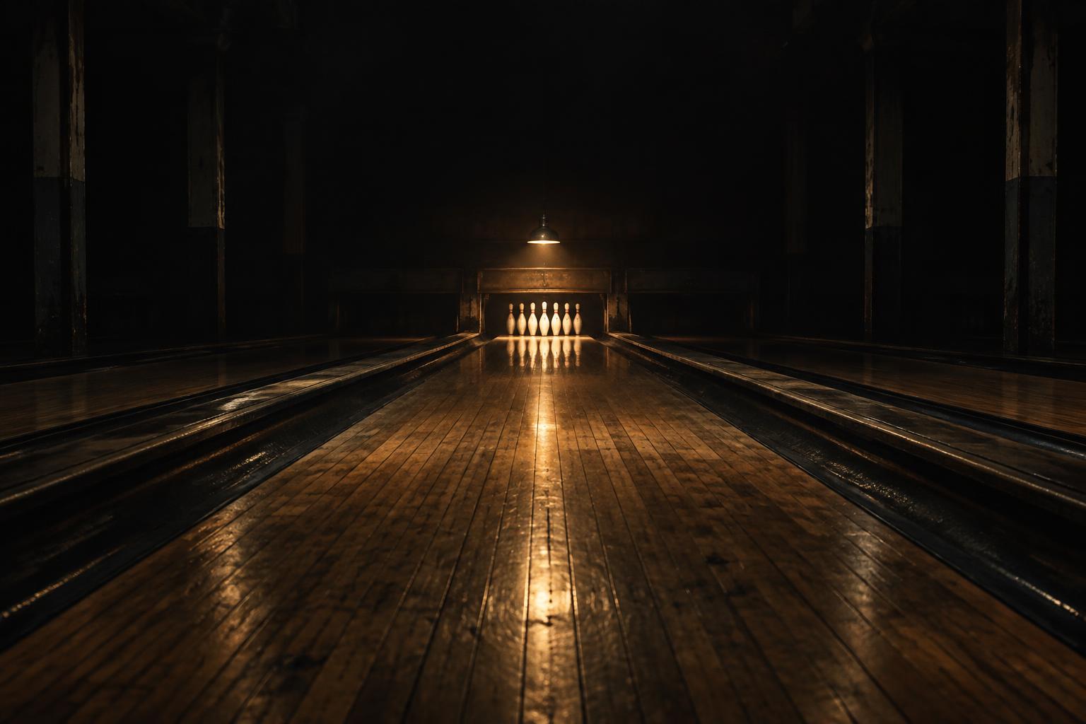 Empty wooden bowling lane ending at distant pins under a warm light